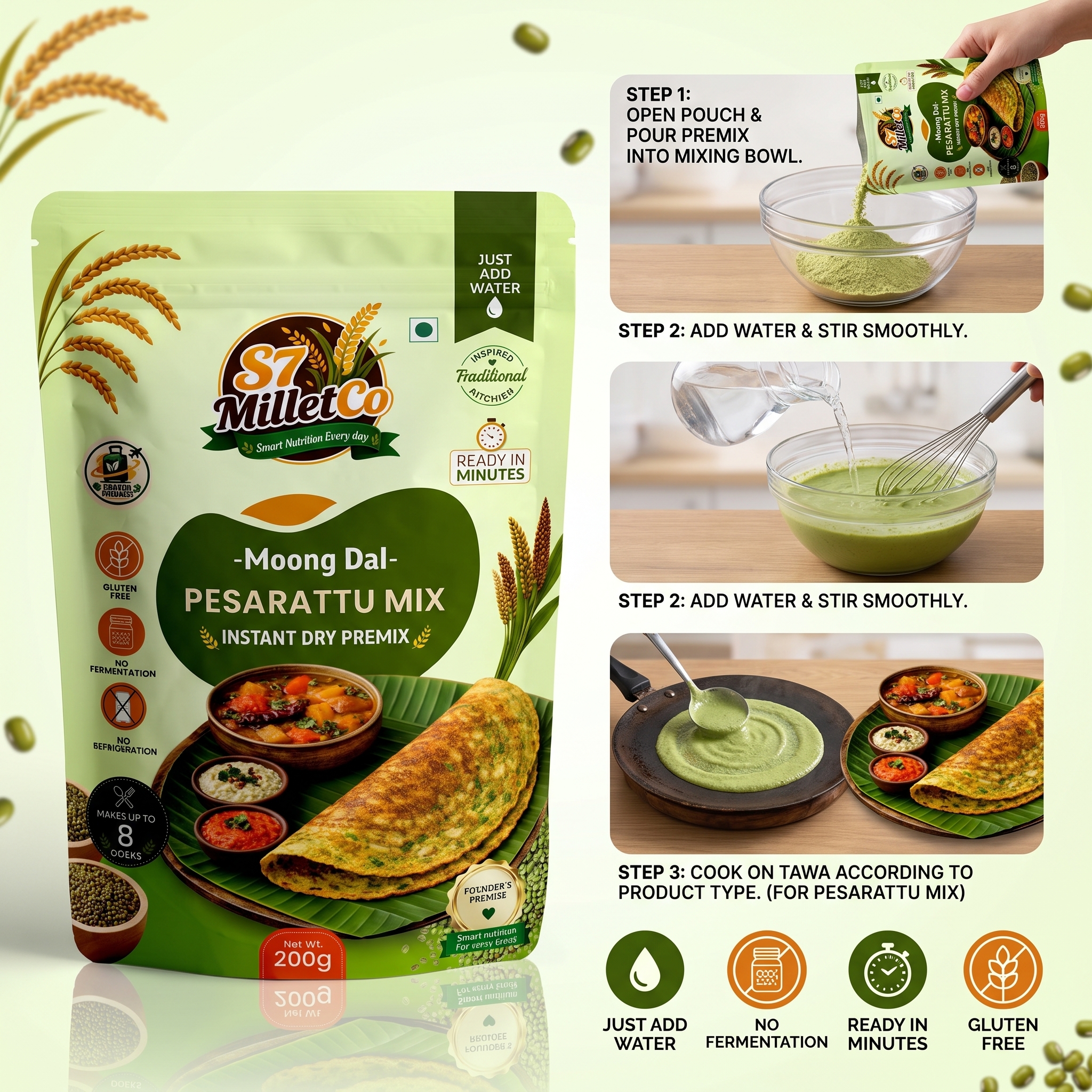 Moong Dal Pesarattu Mix | Just Add Water | 200g — image 4